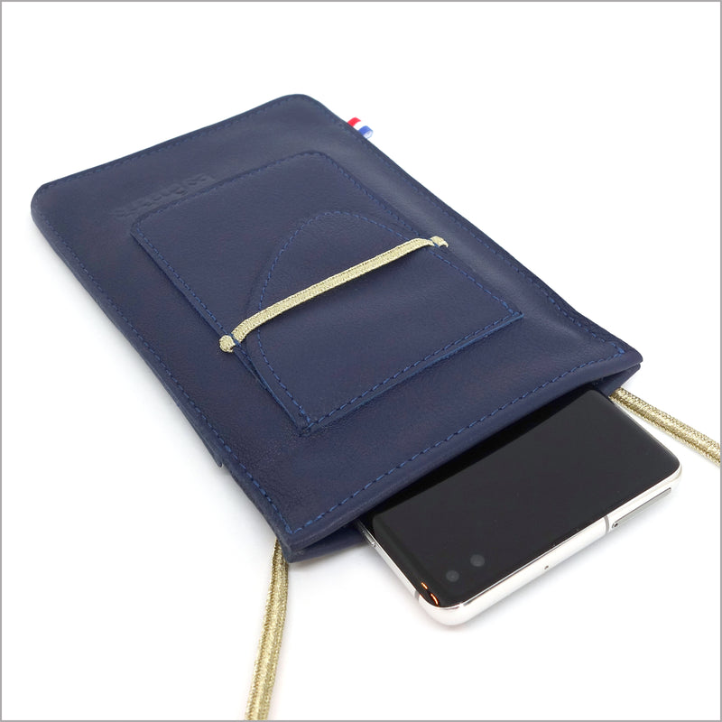Indigo blue leather smartphone pouch with adjustable shoulder strap