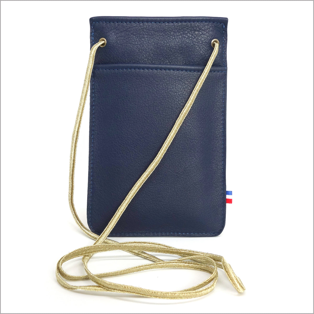 Indigo blue leather smartphone pouch with adjustable shoulder strap