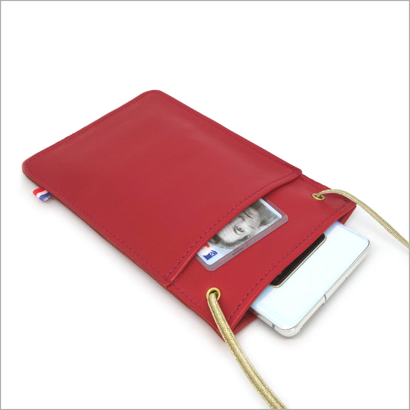 Carmine red leather smartphone pouch with adjustable shoulder strap