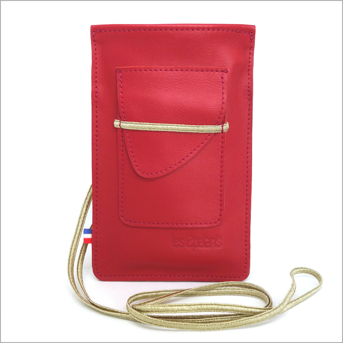 Carmine red leather smartphone pouch with adjustable shoulder strap