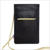 Black leather portable case with adjustable shoulder strap