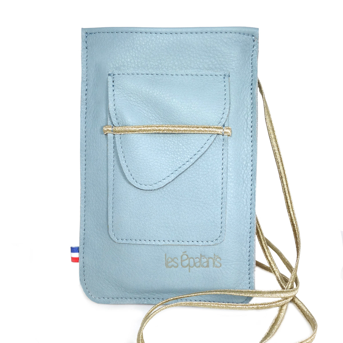 Sky blue leather portable pouch with adjustable shoulder strap