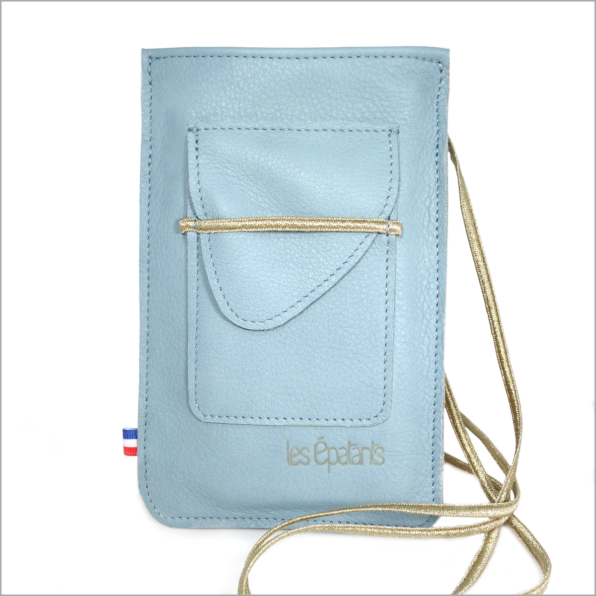 Sky blue leather portable pouch with adjustable shoulder strap