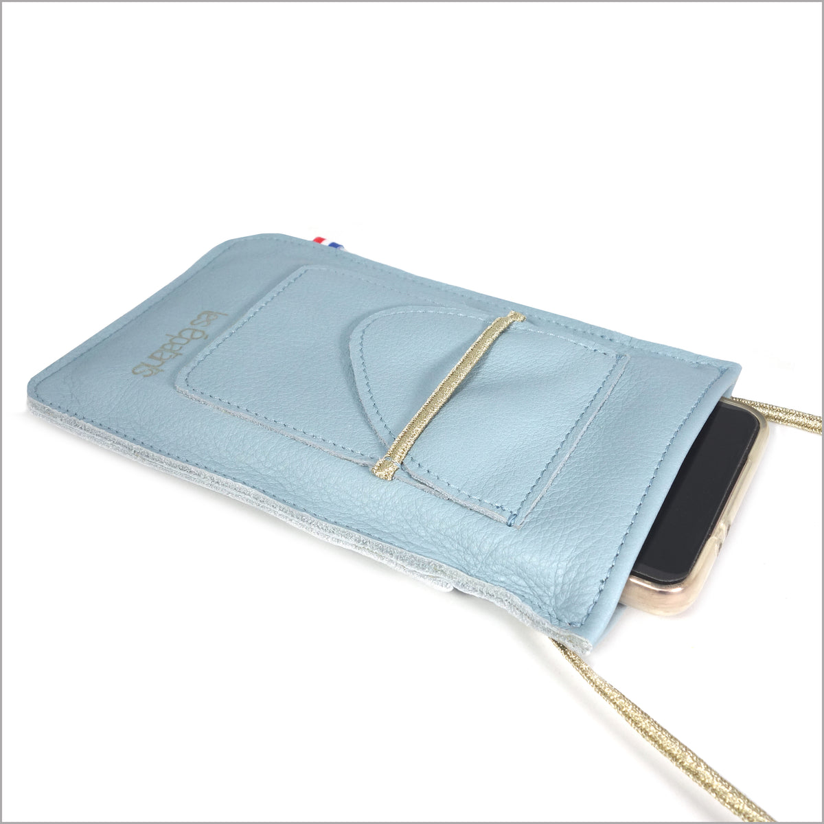 Sky blue leather portable pouch with adjustable shoulder strap