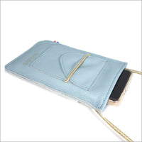 Sky blue leather portable pouch with adjustable shoulder strap