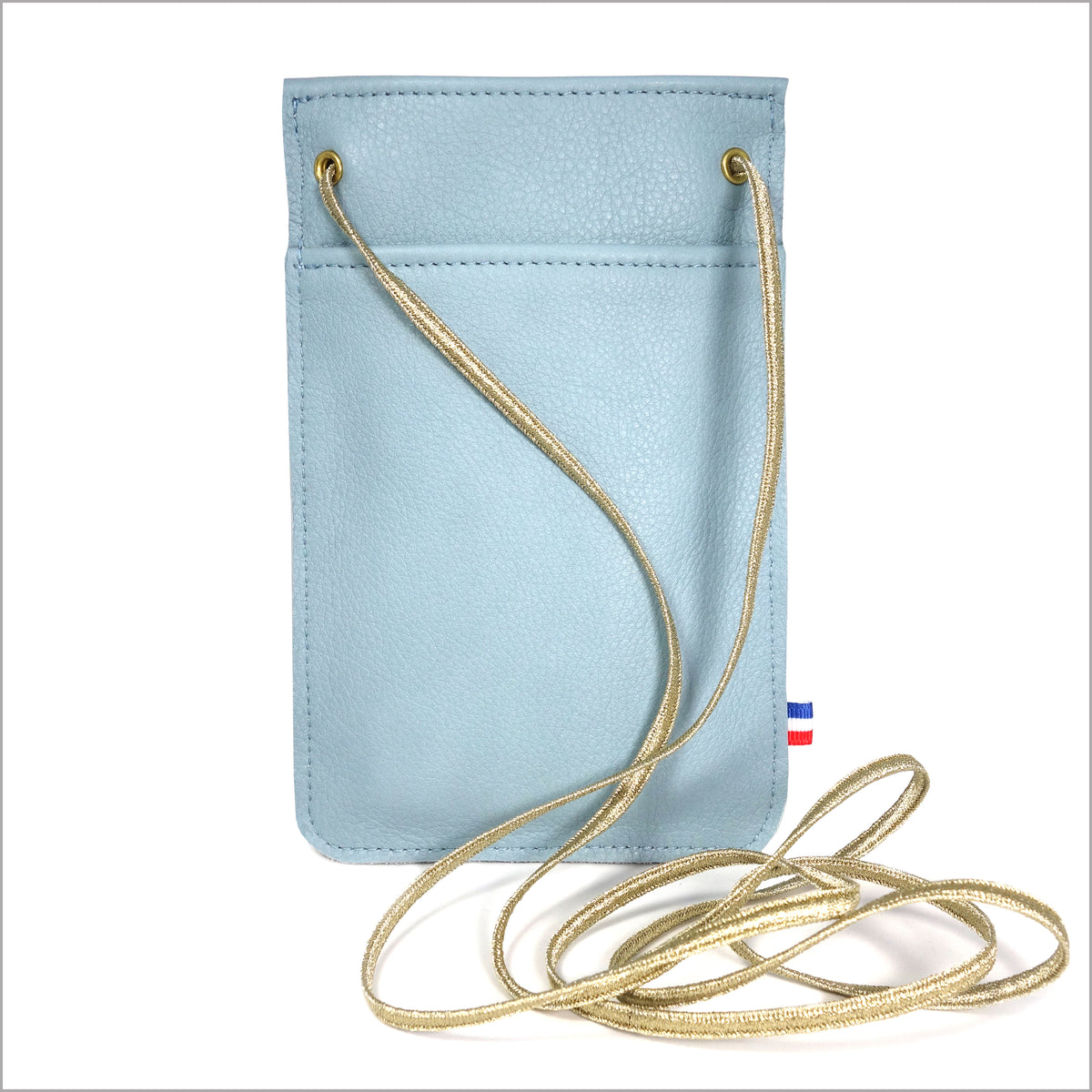 Sky blue leather portable pouch with adjustable shoulder strap