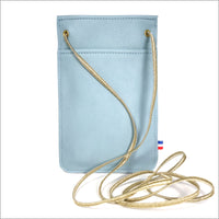 Sky blue leather portable pouch with adjustable shoulder strap