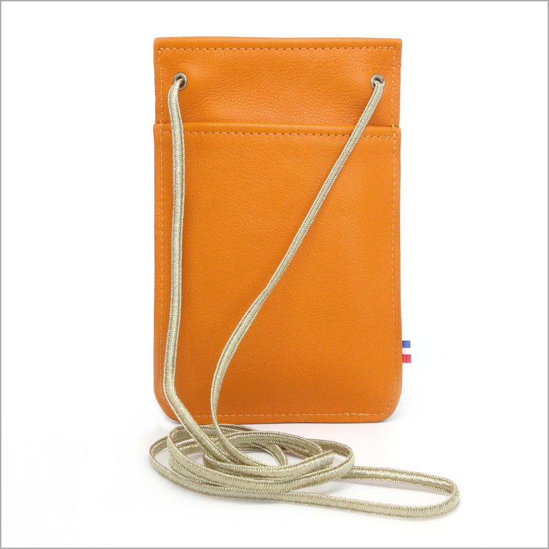 Pochette téléphone en cuir souple orange à bandoulière réglable