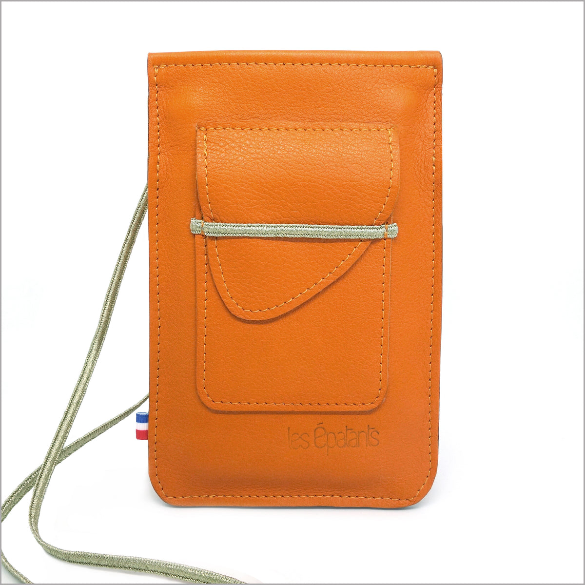 Orange leather phone pouch with adjustable shoulder strap