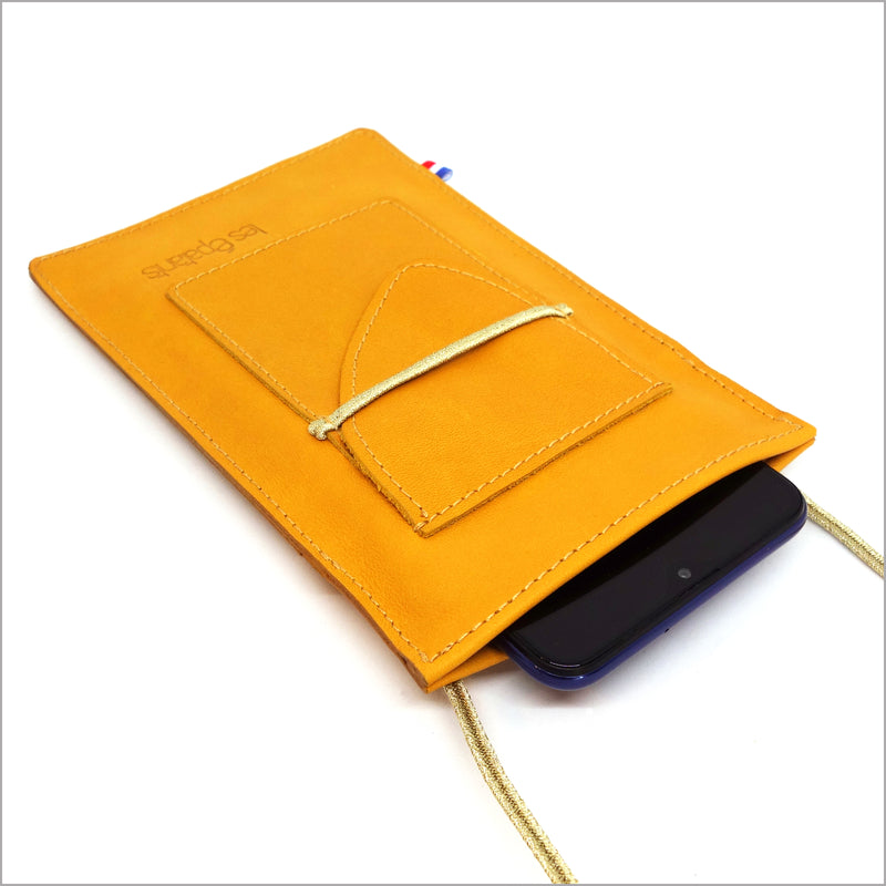 Pochette téléphone en cuir jaune d'or à bandoulière réglable