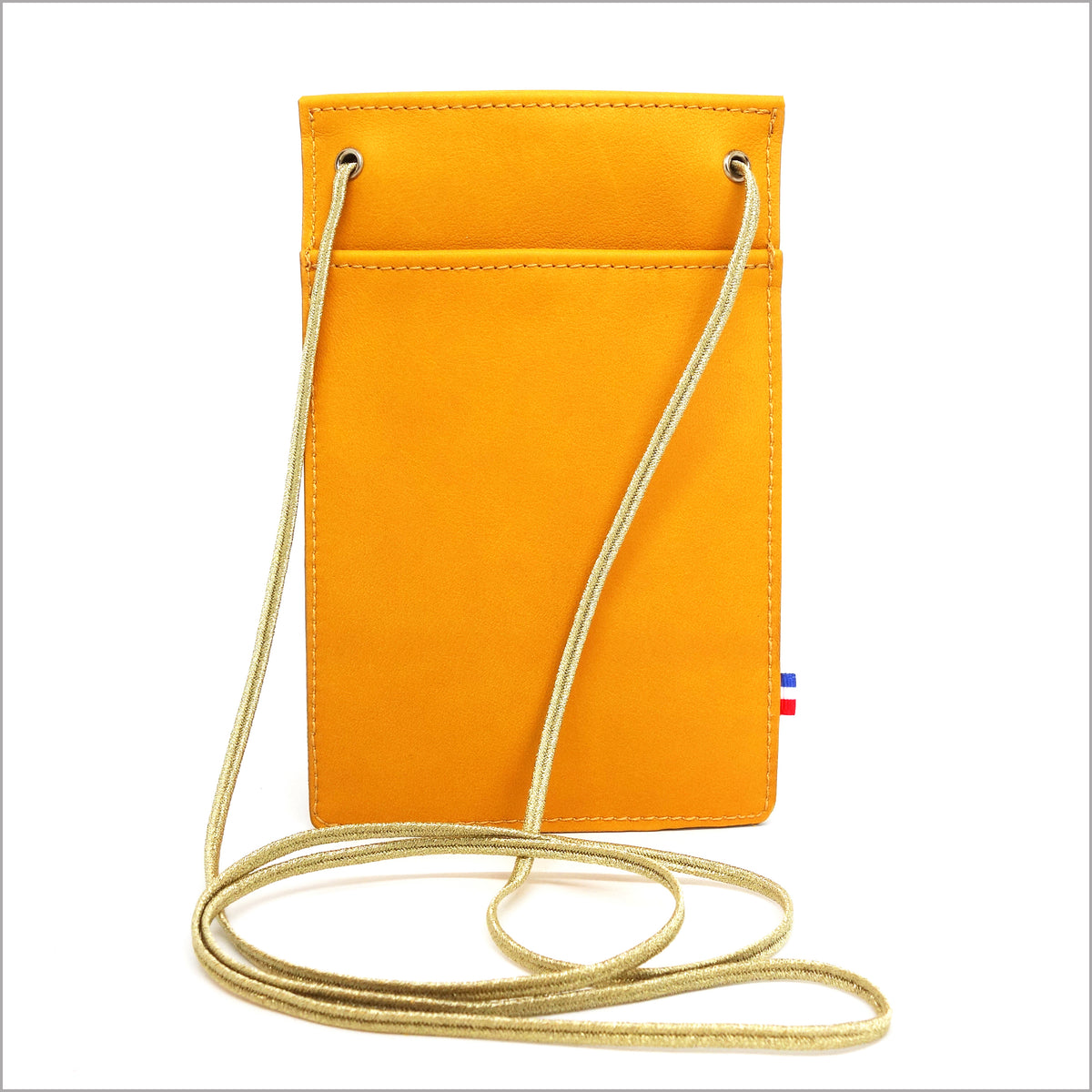 Telephone pouch in golden yellow leather with adjustable shoulder strap