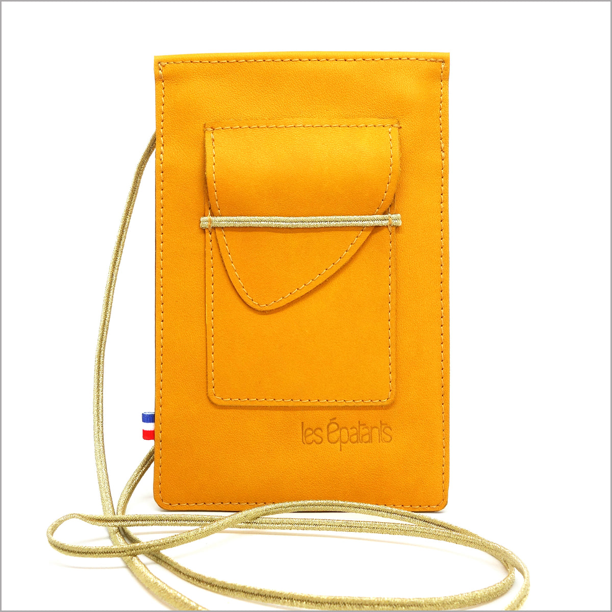 Telephone pouch in golden yellow leather with adjustable shoulder strap