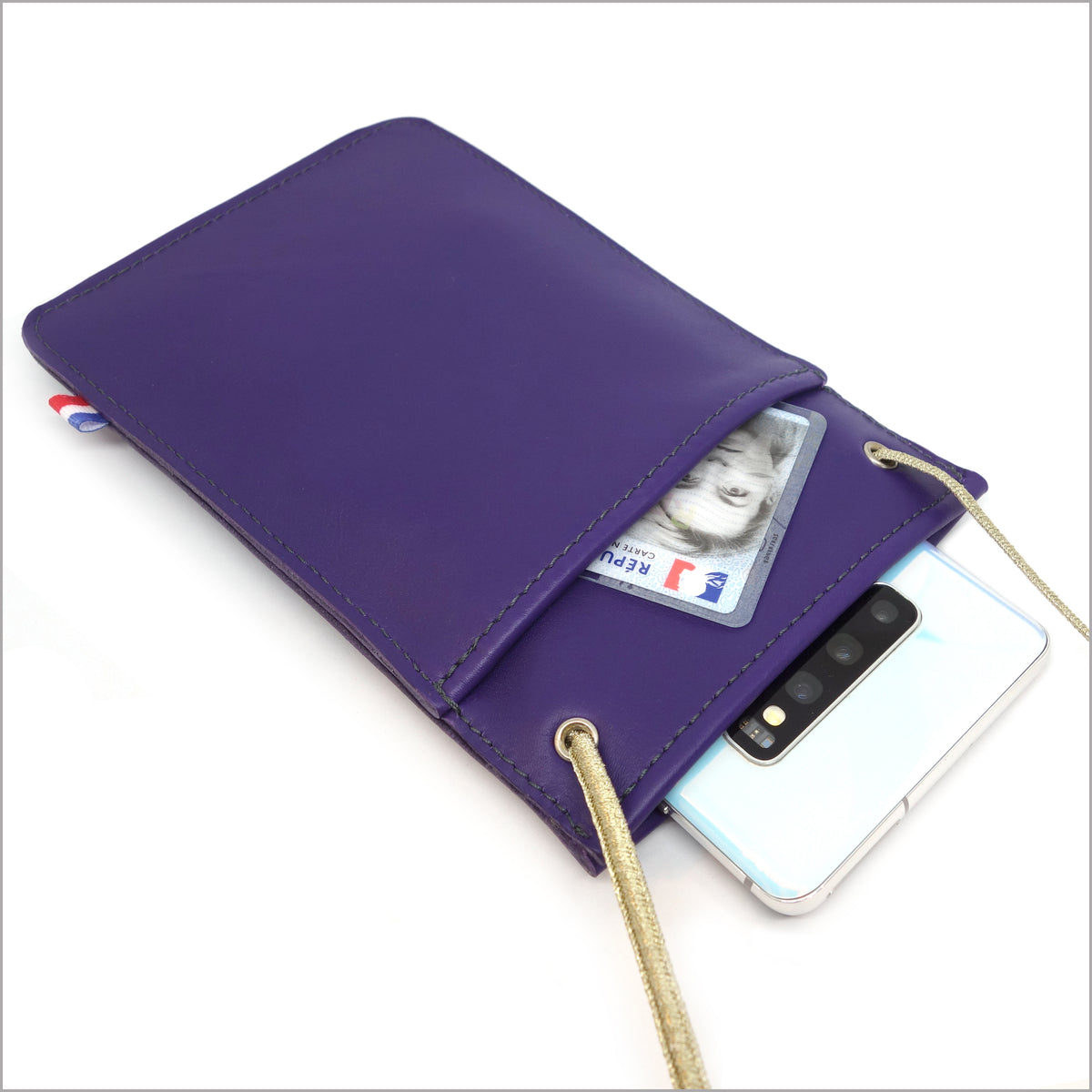 Pochette téléphone en cuir violet à bandoulière réglable