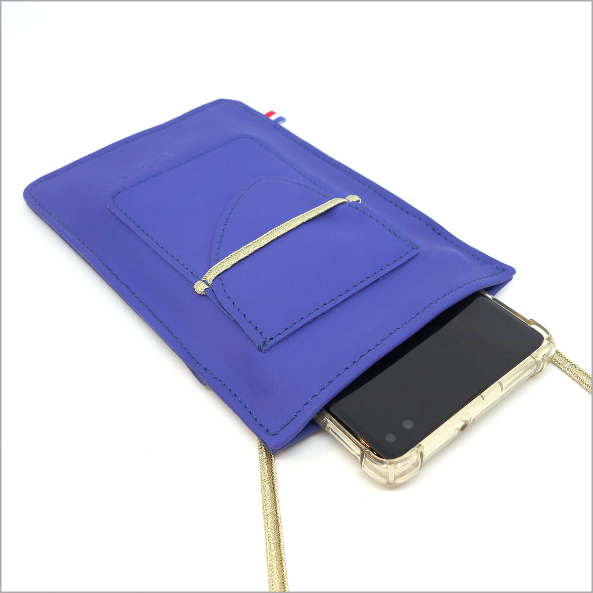 Pochette téléphone en cuir bleu cobalt à bandoulière réglable