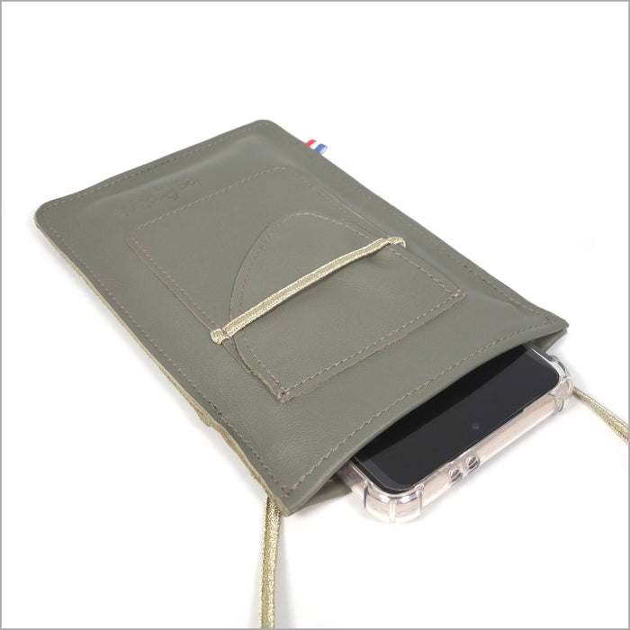 Pochette téléphone en cuir vert de gris à bandoulière réglable