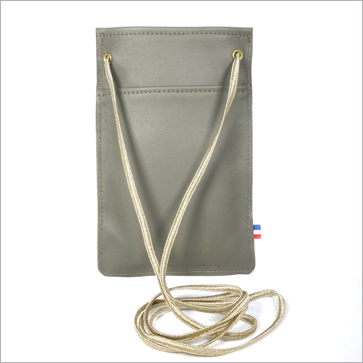 Pochette téléphone en cuir vert de gris à bandoulière réglable