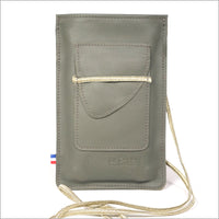 Pochette téléphone en cuir vert de gris à bandoulière réglable