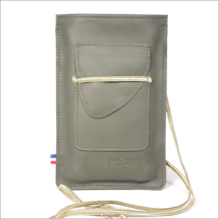 Pochette téléphone en cuir vert de gris à bandoulière réglable