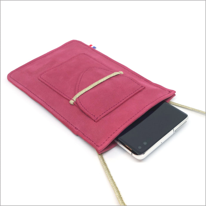 Petit sac bandoulière téléphone rose cuir velours