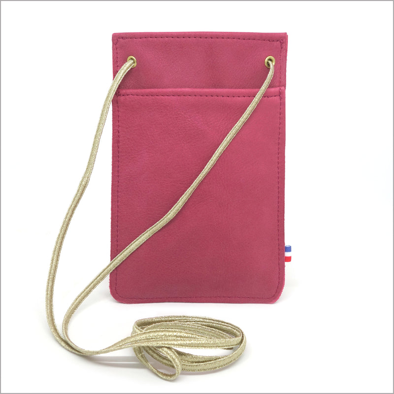 Petit sac bandoulière téléphone rose framboise cuir velours