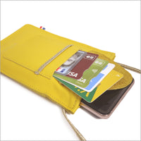 Orange leather phone pouch with adjustable shoulder strap