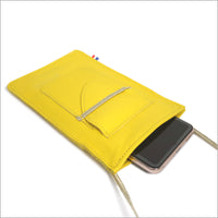 Orange leather phone pouch with adjustable shoulder strap