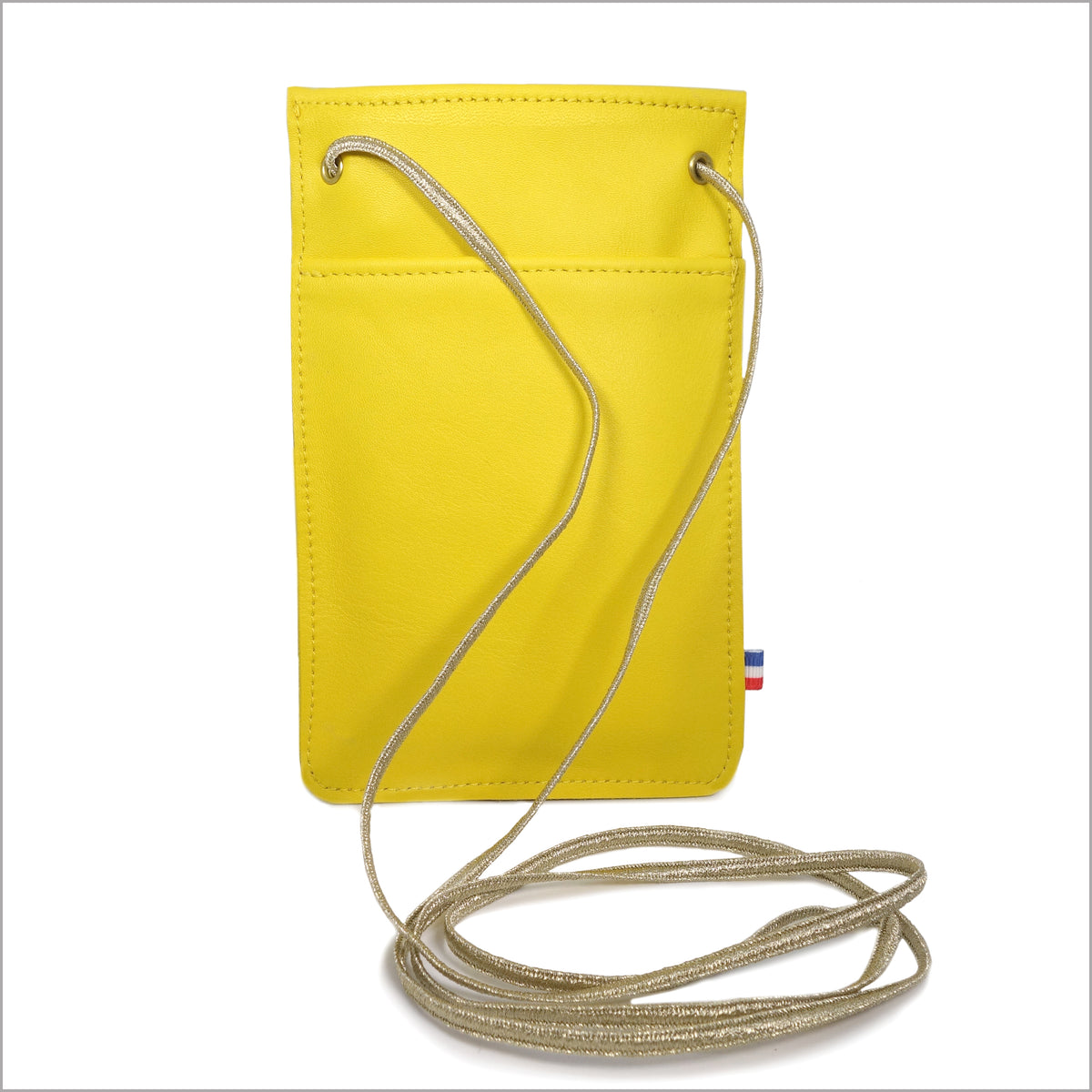 Orange leather phone pouch with adjustable shoulder strap