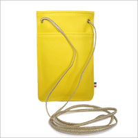 Orange leather phone pouch with adjustable shoulder strap