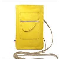 Orange leather phone pouch with adjustable shoulder strap