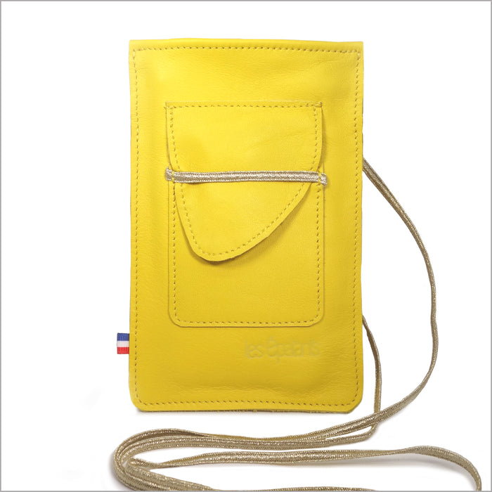 Orange leather phone pouch with adjustable shoulder strap