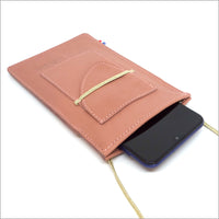 Phone pouch in rosewood leather with adjustable shoulder strap