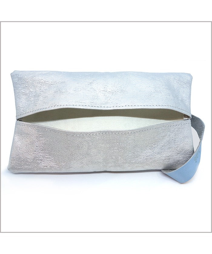 Case for masks in silver coated canvas and pearly blue leather