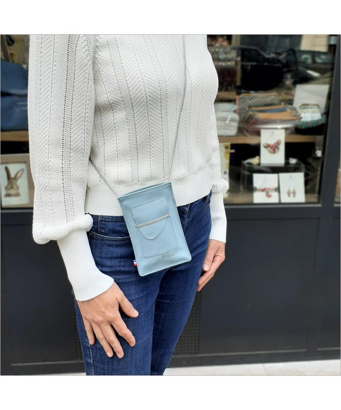 Sky blue leather portable pouch with adjustable shoulder strap